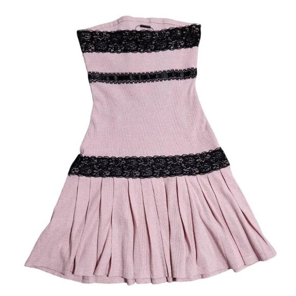 Fashion Nova FN Alice ribbed pink sparkly mini pleated dress w/ lace detail bow - Picture 8 of 8